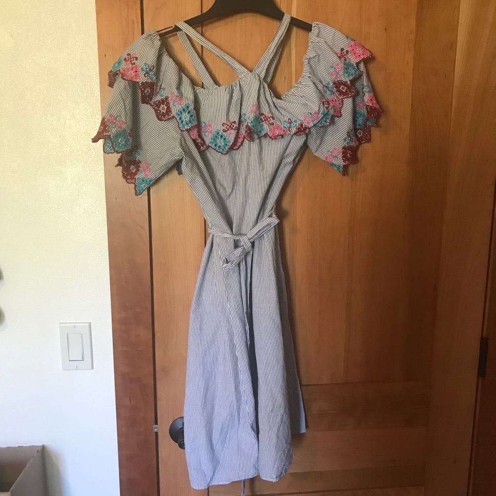 LOFT blue white striped floral embroidered dress off the shoulder neck strap 14